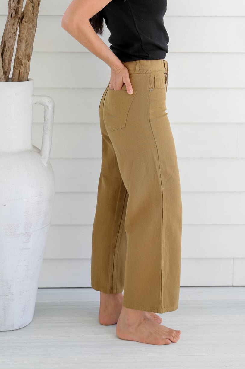 Ladies' Hemp Wide Leg Pants-Khaki