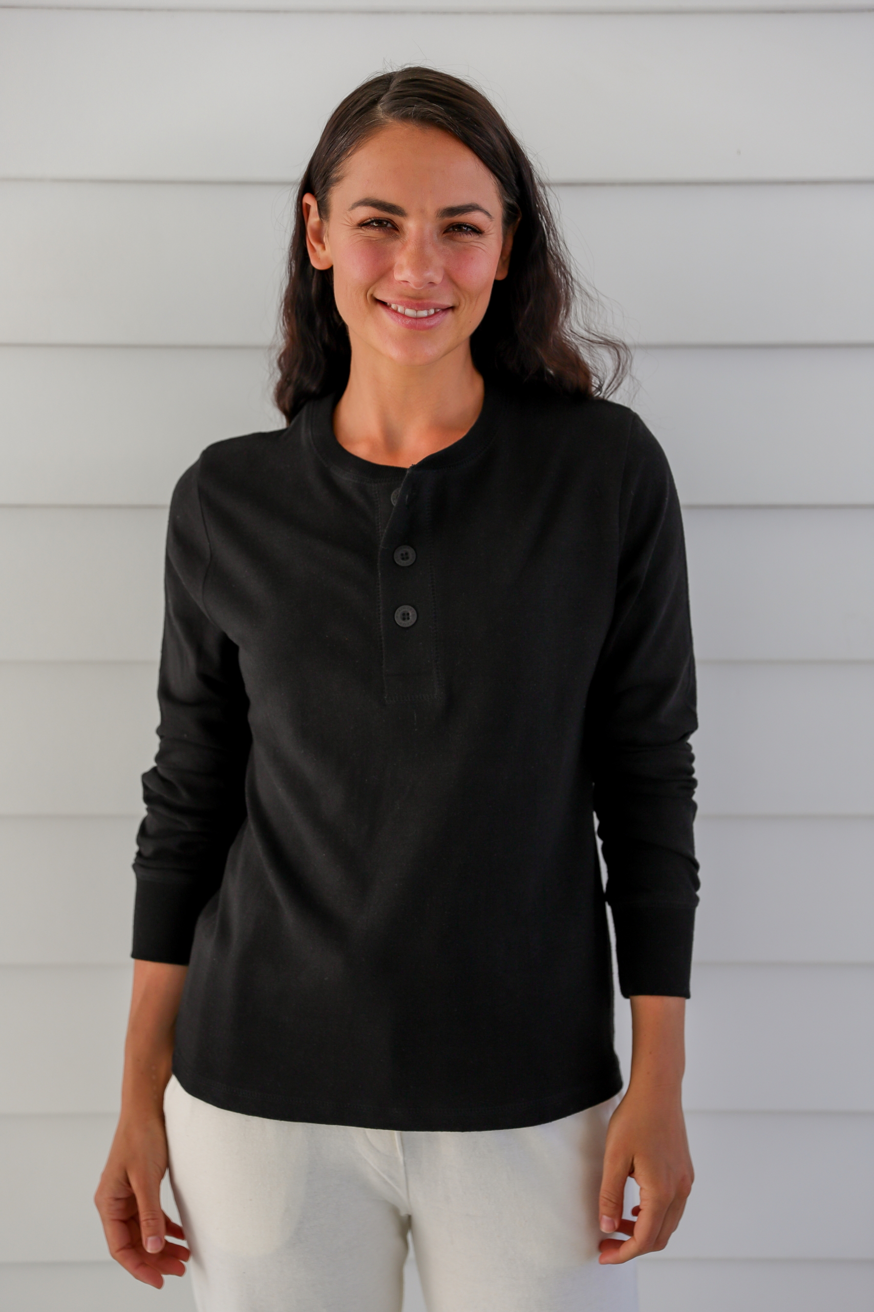 LWT2231 BLACK Ladies' Hemp Cotton Button Long Sleeve Tee-Black