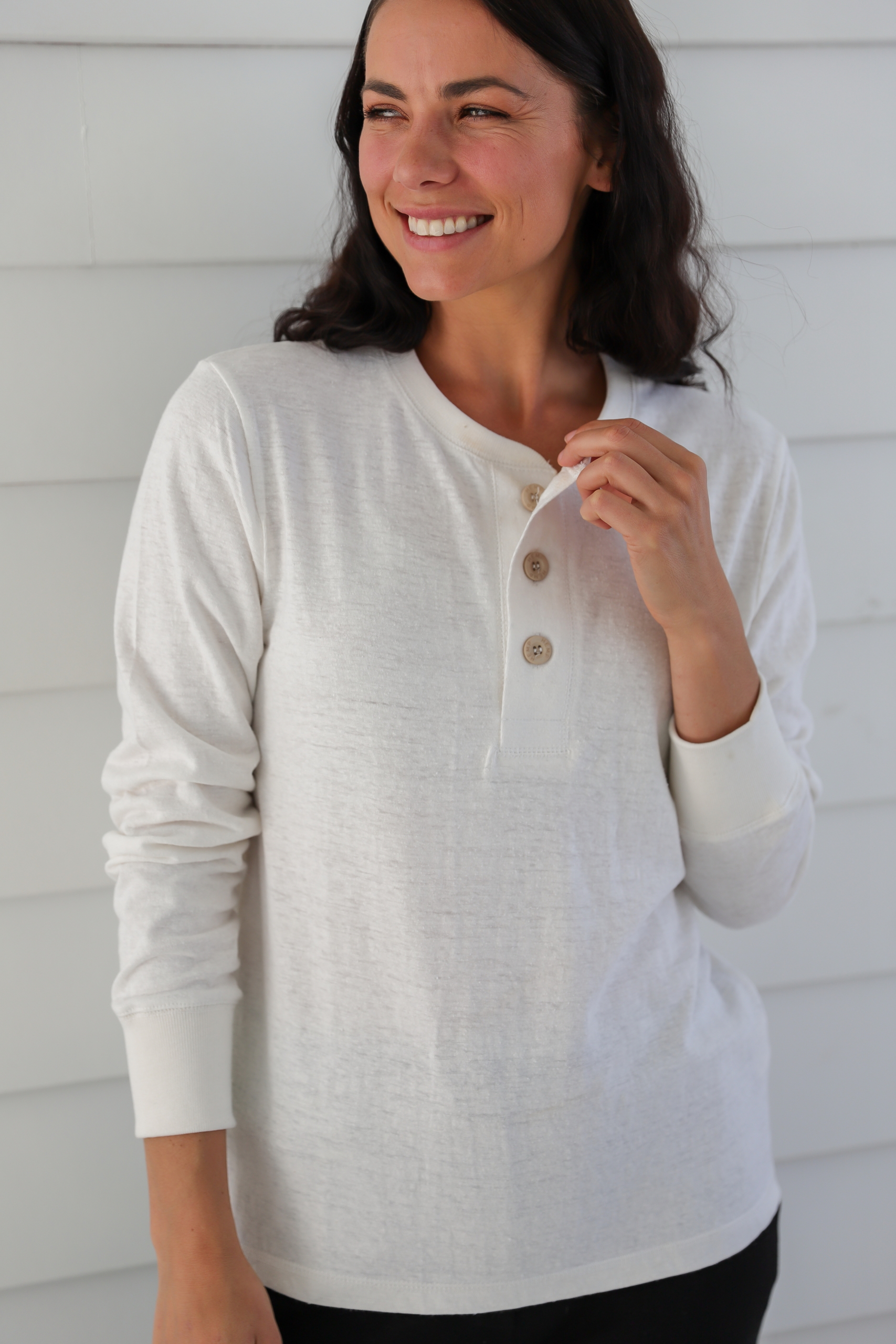 LWT2231 WHITE Ladies' Hemp Cotton Button Long Sleeve Tee-Black