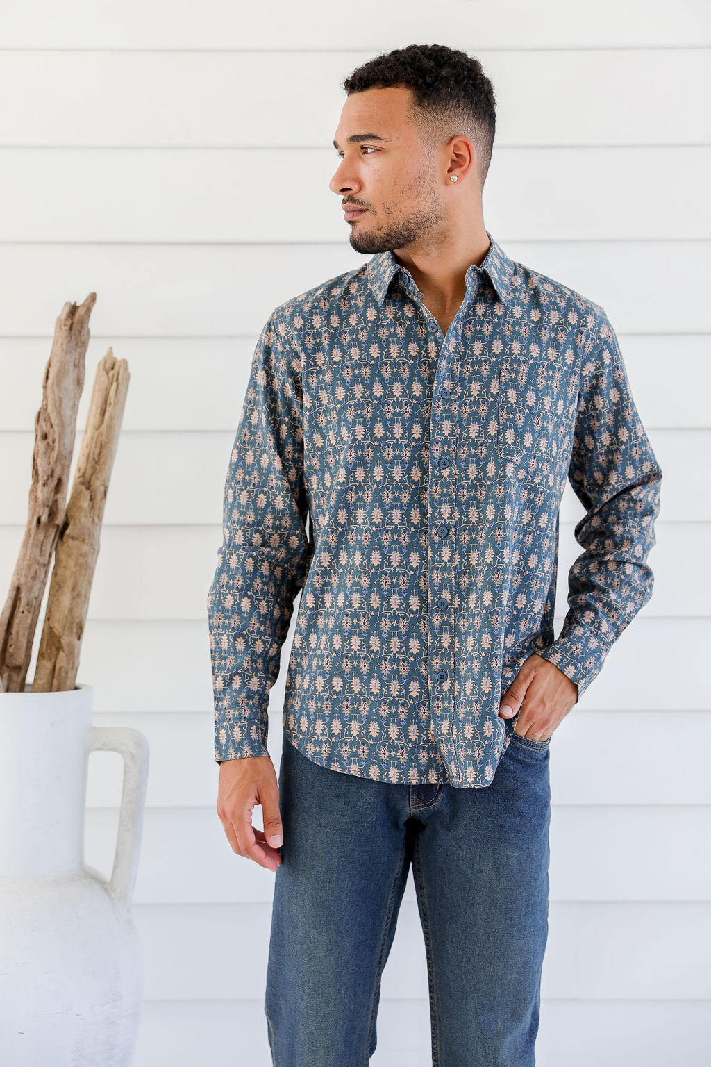 MWT2203 BLUE (1) Men's Hemp Cotton Print Shirt-Blue