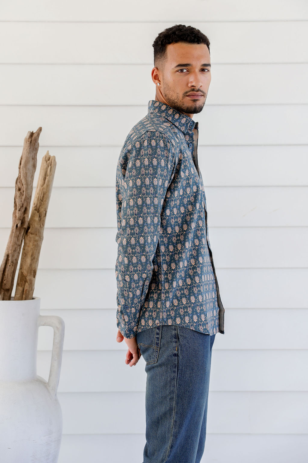 MWT2203 BLUE (3) Men's Hemp Cotton Print Shirt-Blue