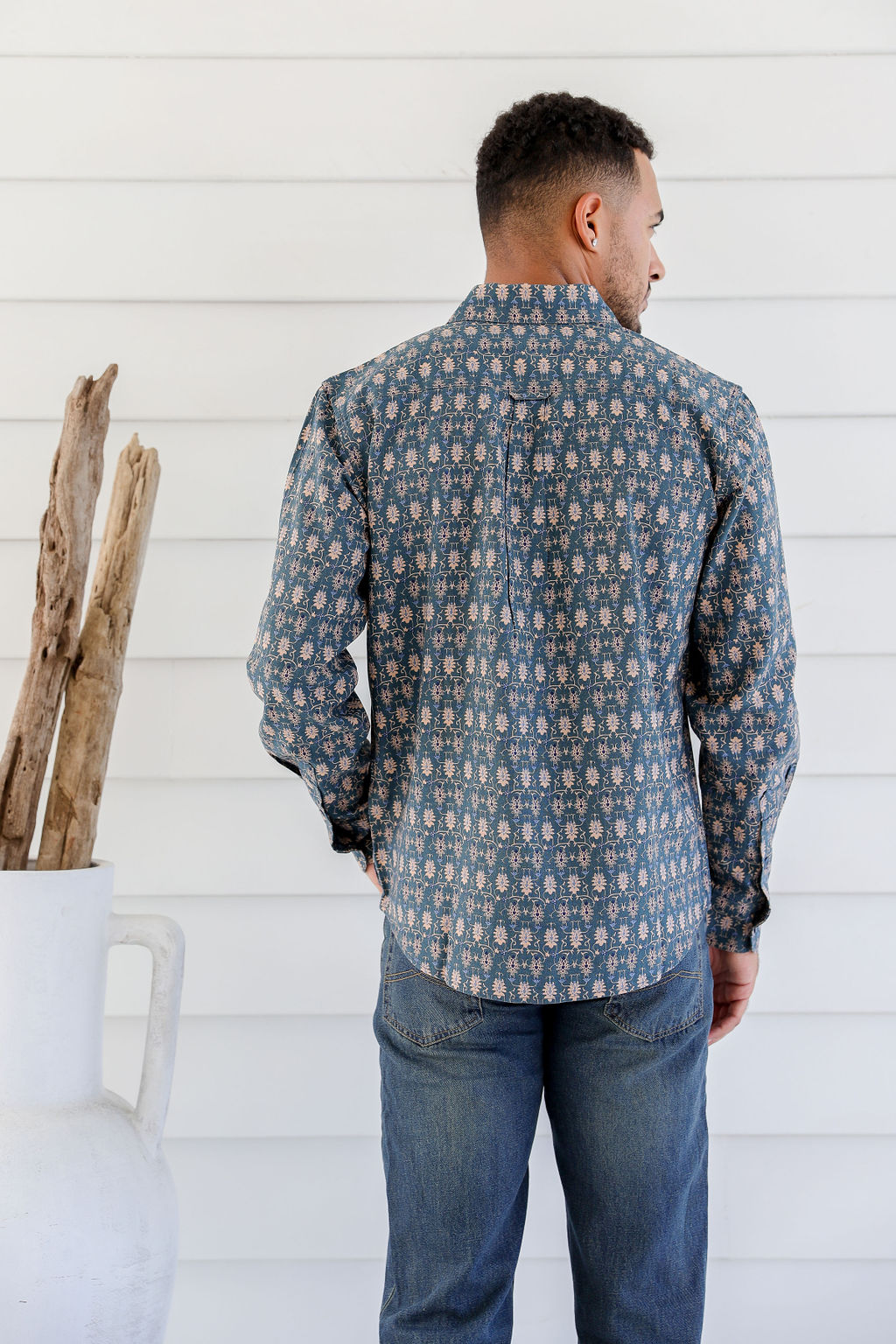 MWT2203 BLUE (4) Men's Hemp Cotton Print Shirt-Blue