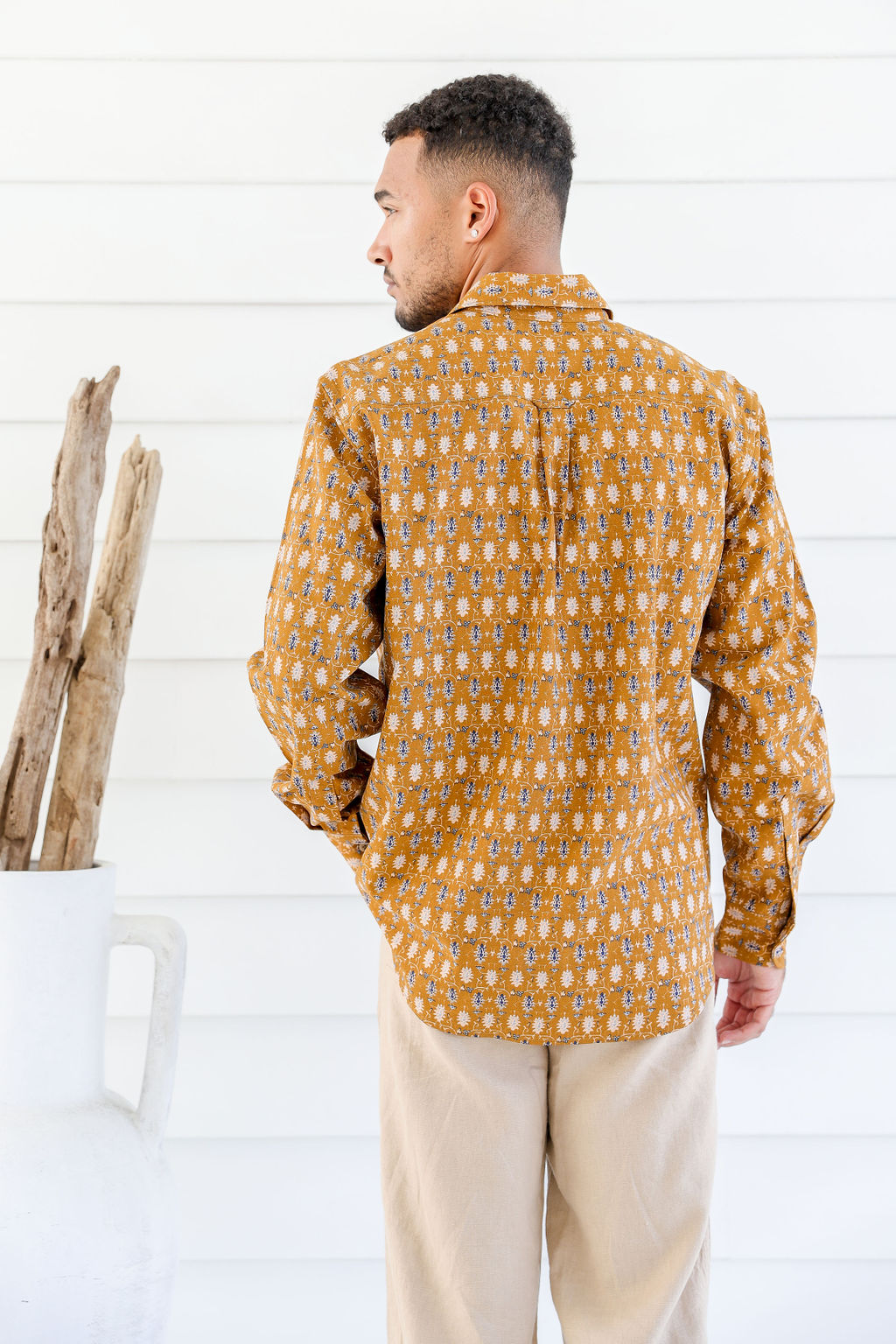 MWT2203 MUSTARD (1) Men's Hemp Cotton Print Shirt-Blue