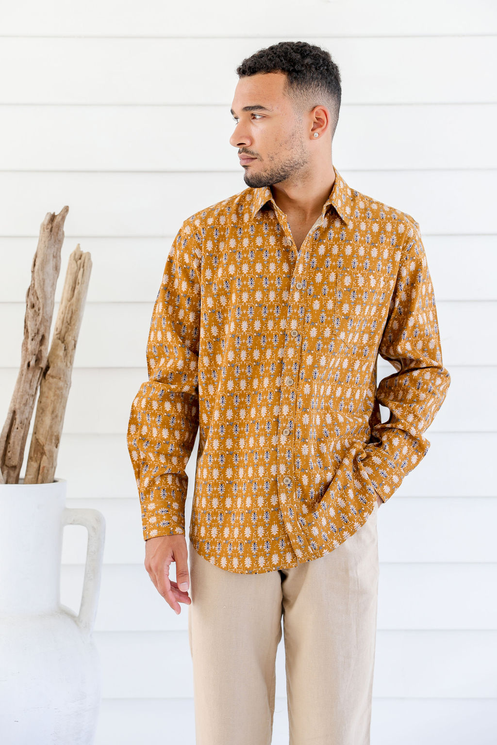 MWT2203 MUSTARD (3) Men's Hemp Cotton Print Shirt-Blue