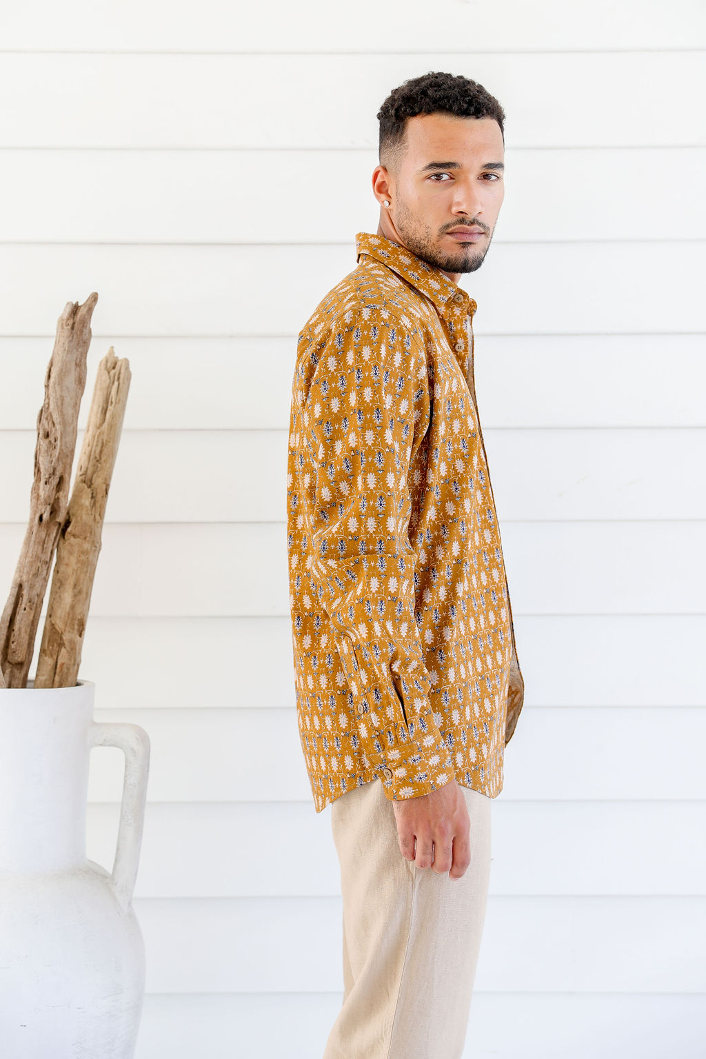 MWT2203 MUSTARD (4) Men's Hemp Cotton Print Shirt-Blue