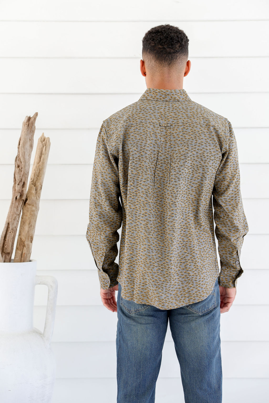 MWT2204 BLUE (1) Men's Hemp Cotton Dandelion Print Shirt-Blue