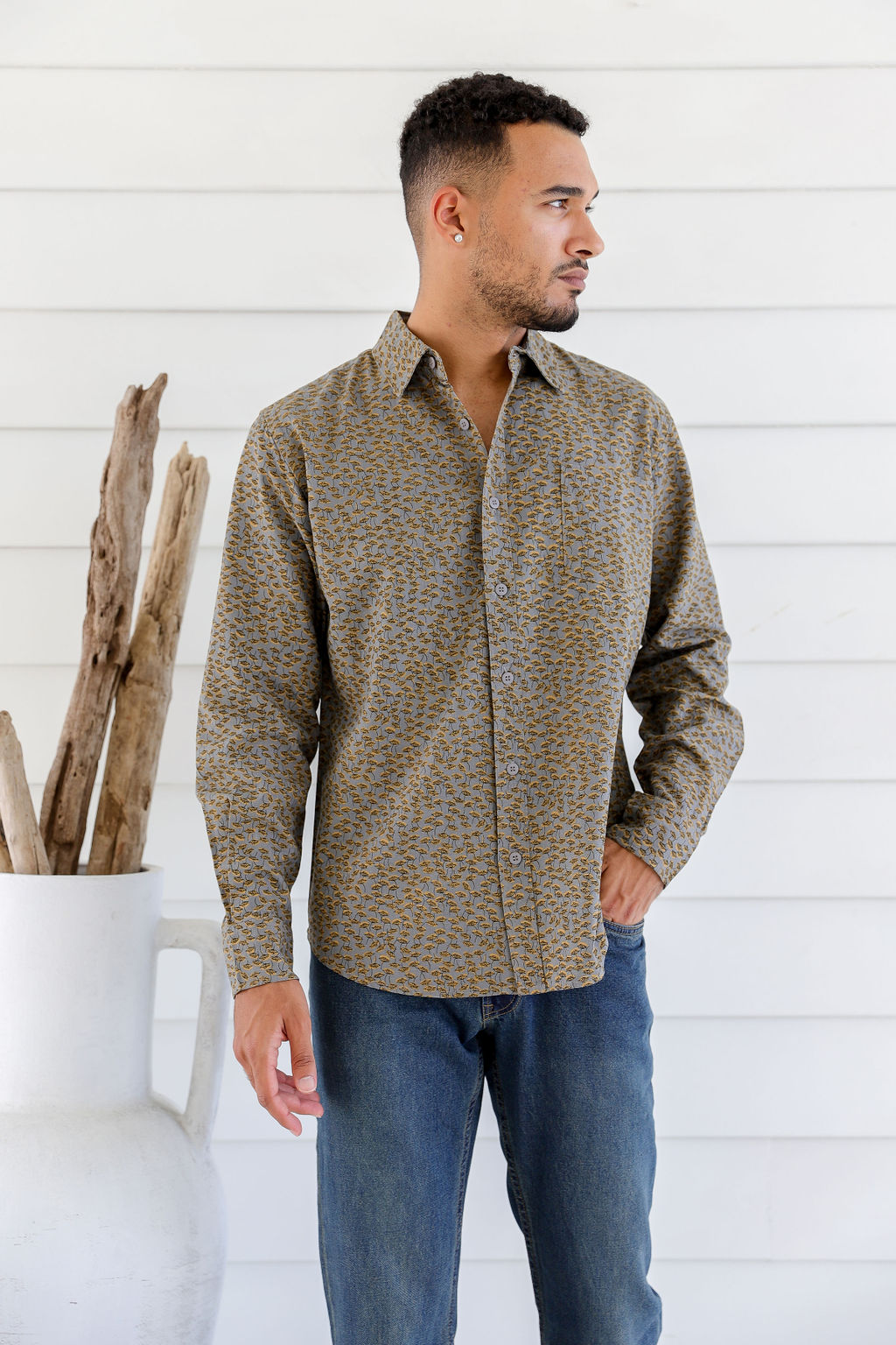 MWT2204 BLUE (2) Men's Hemp Cotton Dandelion Print Shirt-Blue