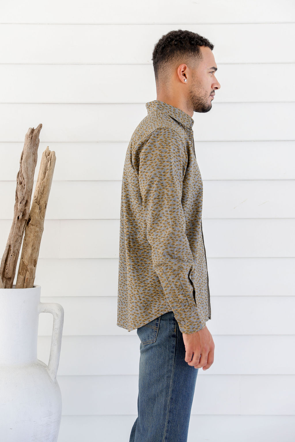 MWT2204 BLUE (3) Men's Hemp Cotton Dandelion Print Shirt-Blue