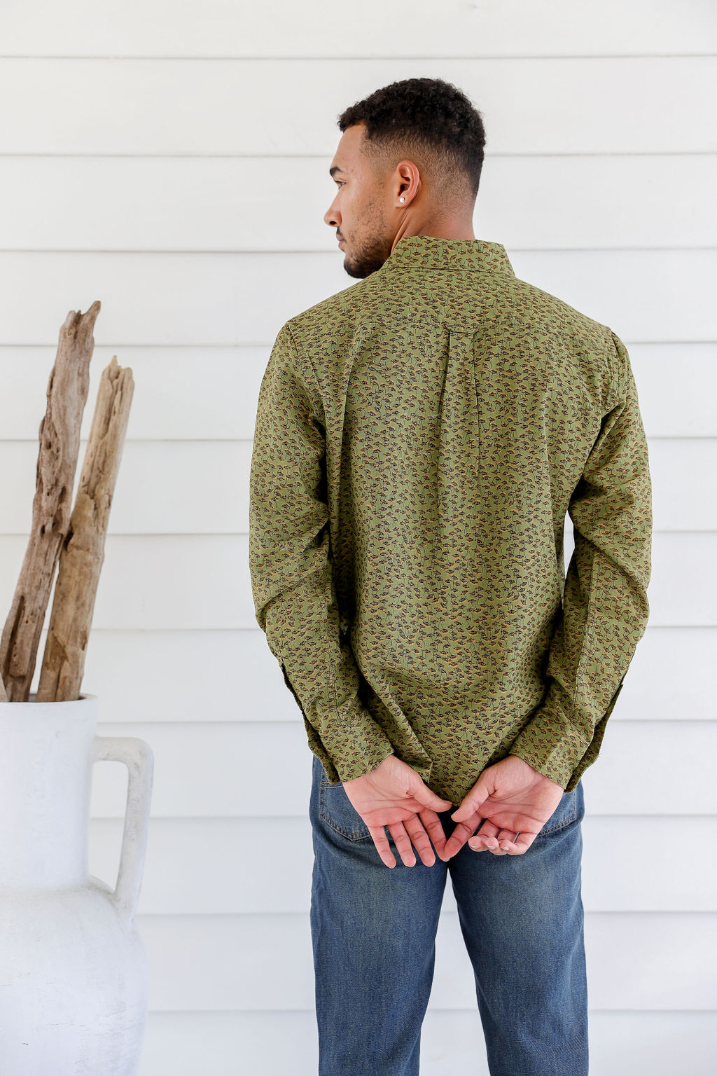 MWT2204 GREEN (1) Men's Hemp Cotton Dandelion Print Shirt-Blue