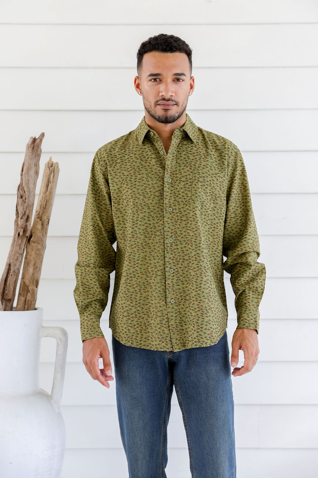 MWT2204 GREEN (2) Men's Hemp Cotton Dandelion Print Shirt-Blue