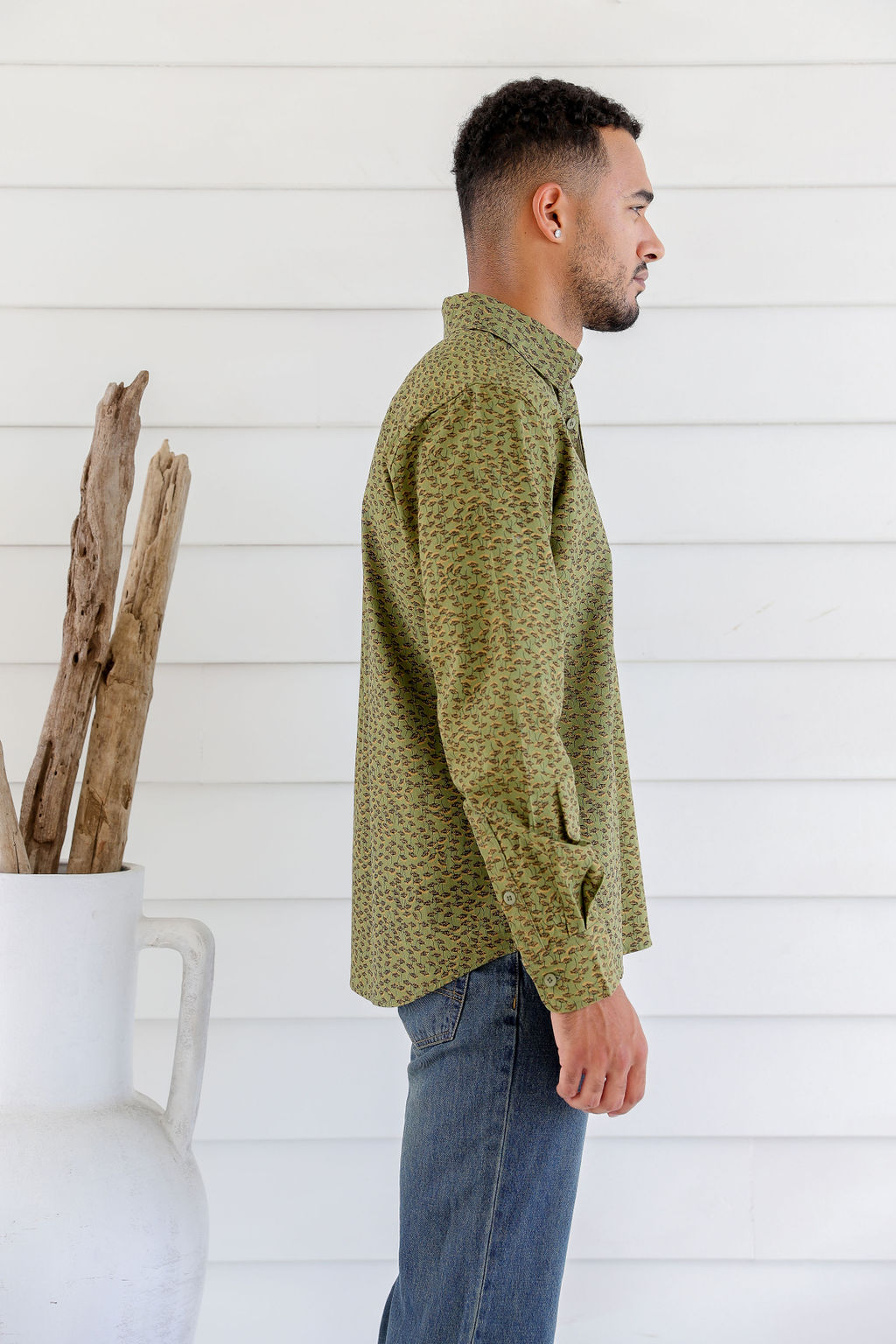MWT2204 GREEN (4) Men's Hemp Cotton Dandelion Print Shirt-Blue