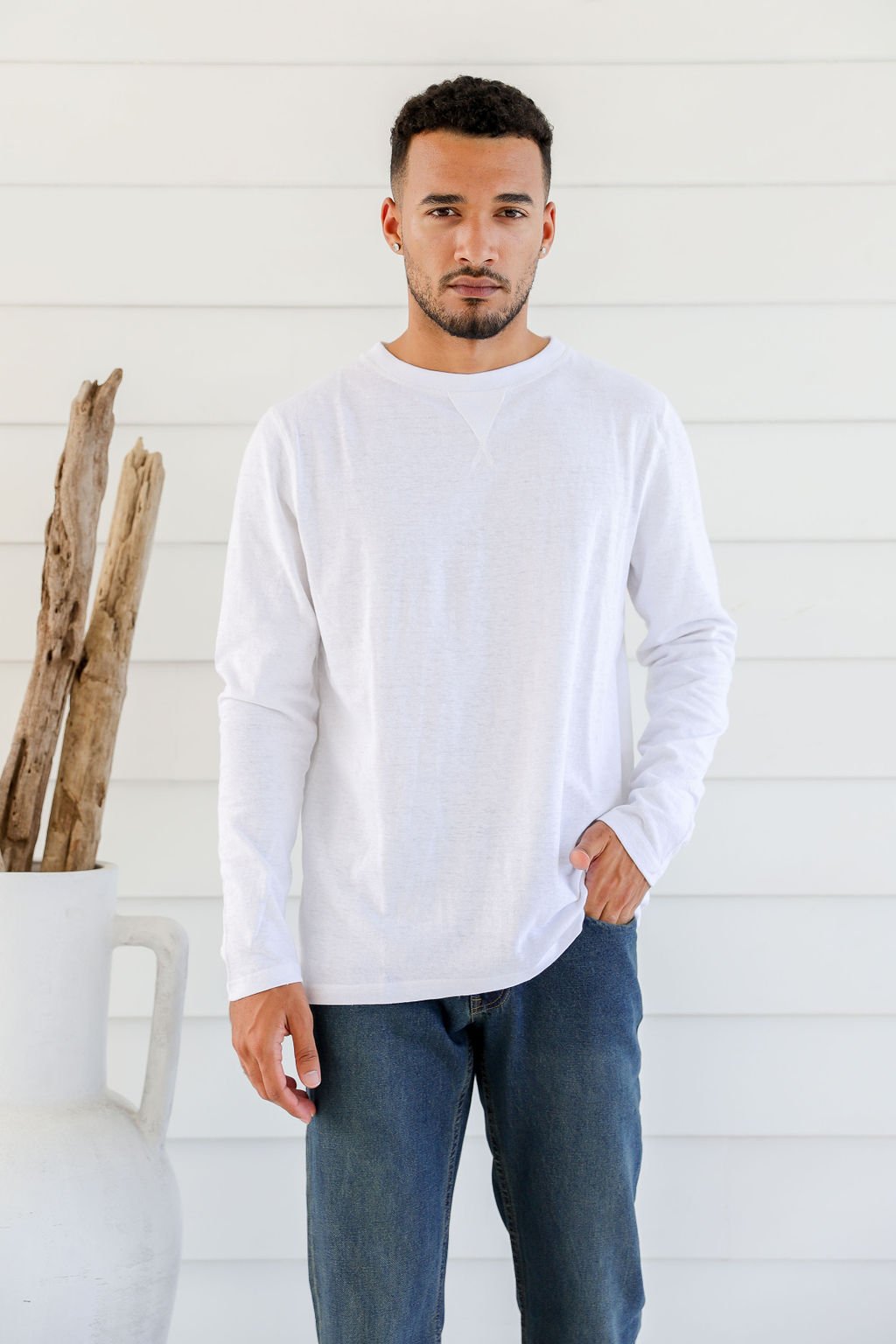 MWT2205 WHITE (1) Men's Hemp Cotton Long Sleeve Tee-White
