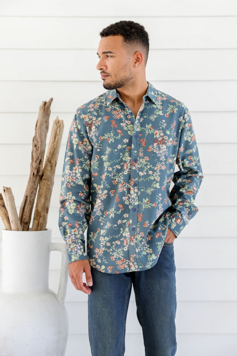 Men's Hemp Cotton Floral Shirt-Blue