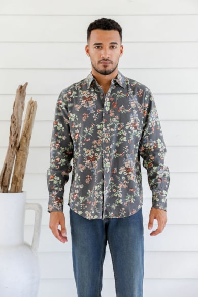 Men's Hemp Cotton Floral Shirt-Blue