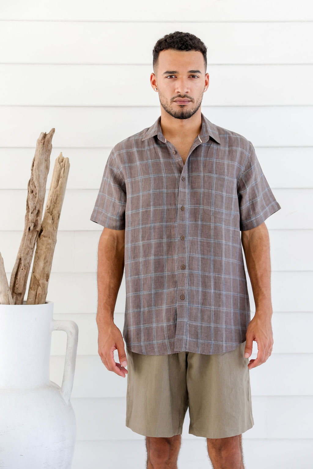 MST2222 BROWNIE 1 Men's Pure Hemp Plaid Short Sleeve Shirt-Brownie