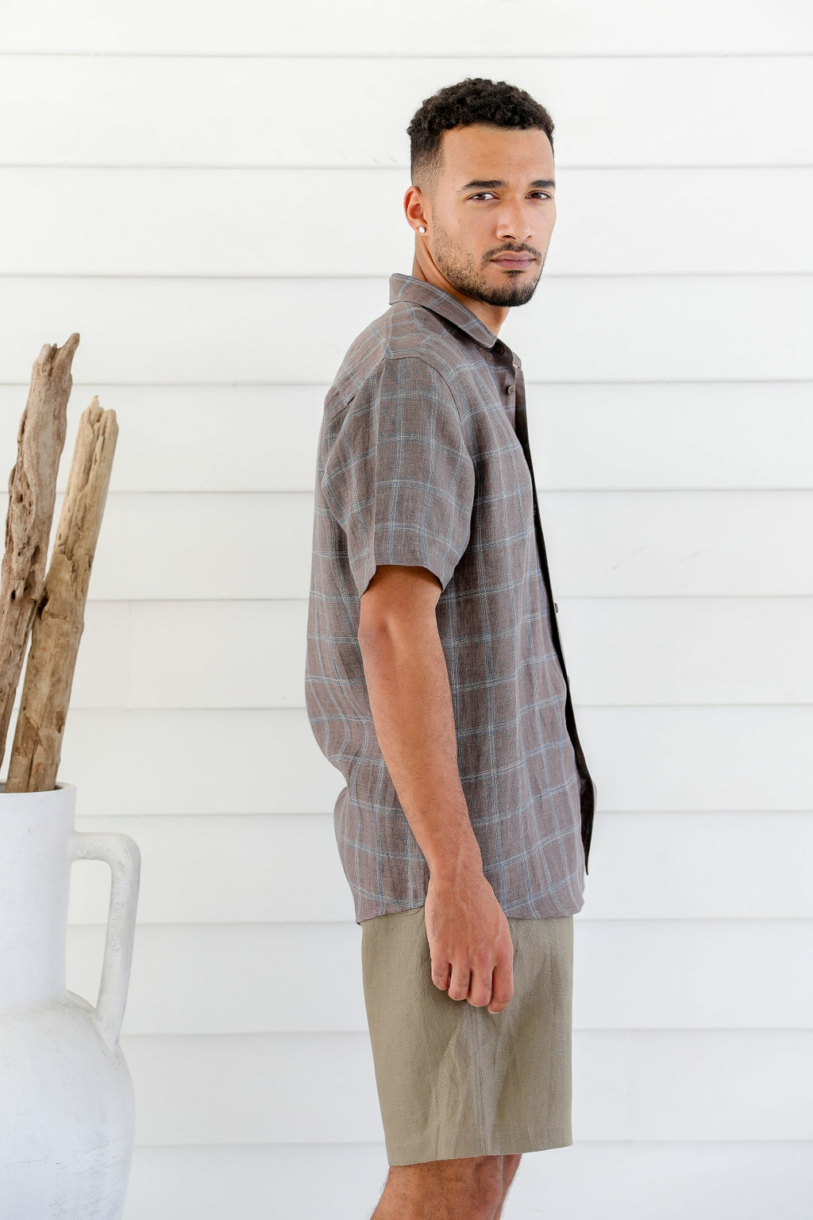 Men's Pure Hemp Plaid Short Sleeve Shirt-Brownie