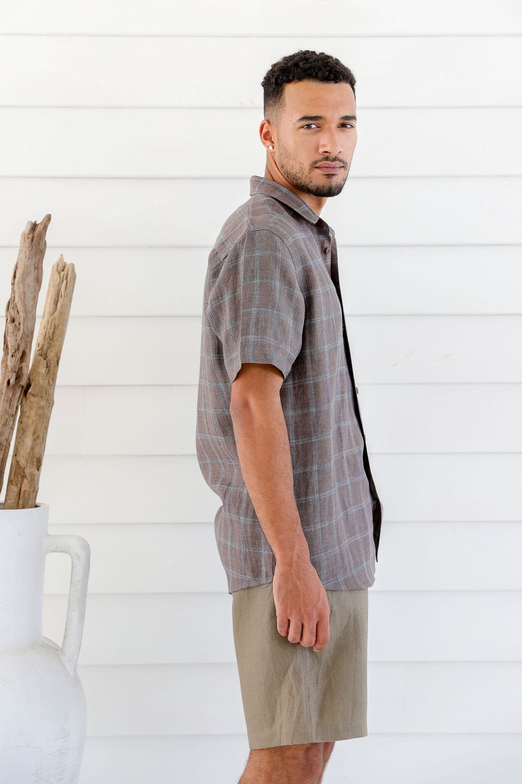 MST2222 BROWNIE 3 Men's Pure Hemp Plaid Short Sleeve Shirt-Brownie