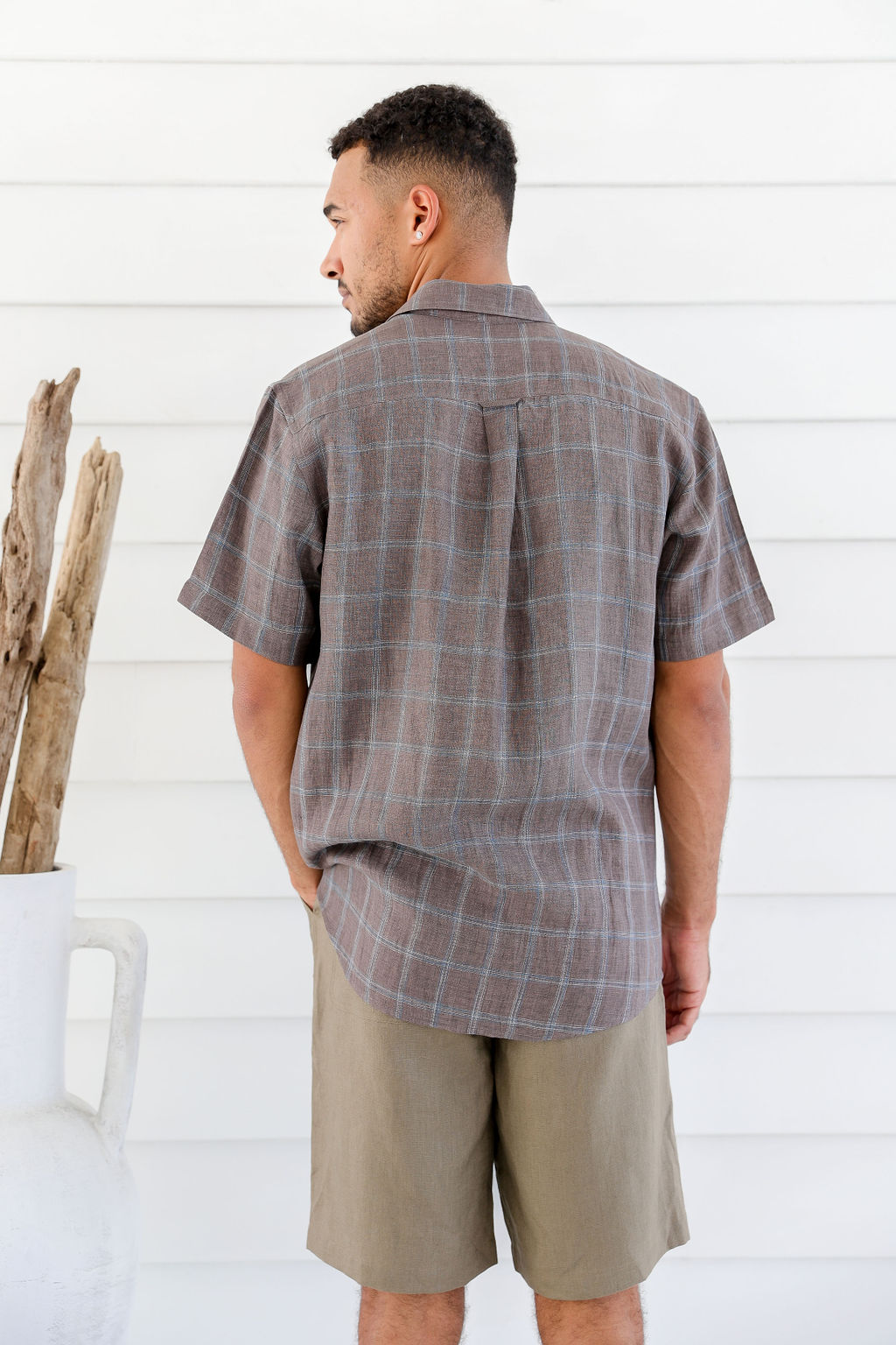 MST2222 BROWNIE B Men's Pure Hemp Plaid Short Sleeve Shirt-Brownie