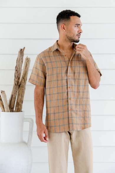 Men's Pure Hemp Plaid Short Sleeve Shirt-Toffee