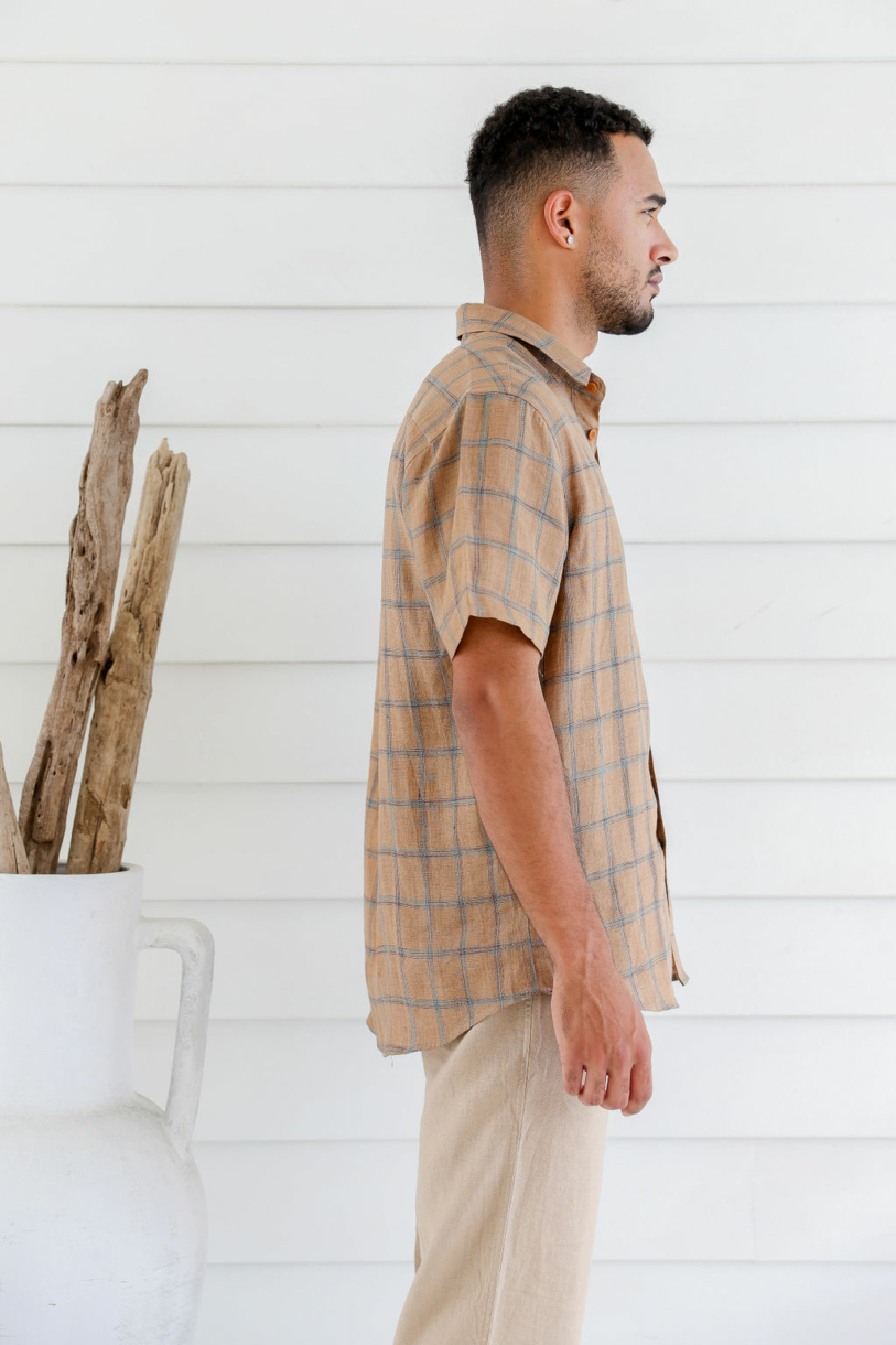 Men's Pure Hemp Plaid Short Sleeve Shirt-Toffee