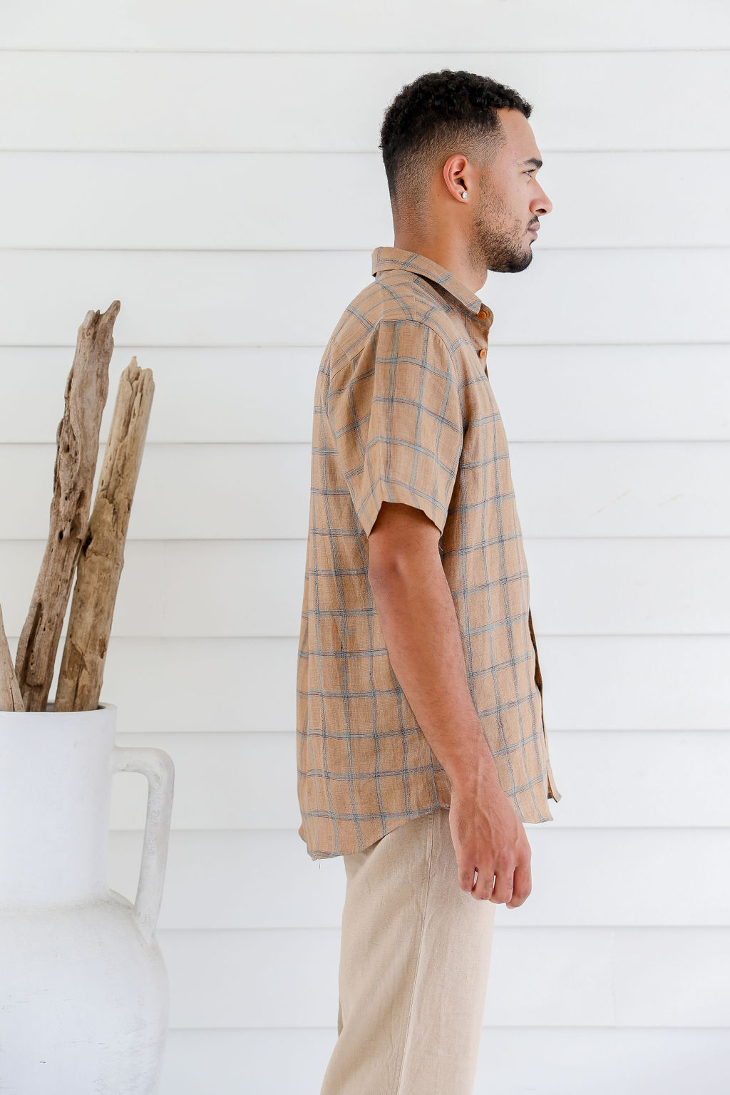 MST2222 TOFFEE 3 Men's Pure Hemp Plaid Short Sleeve Shirt-Toffee