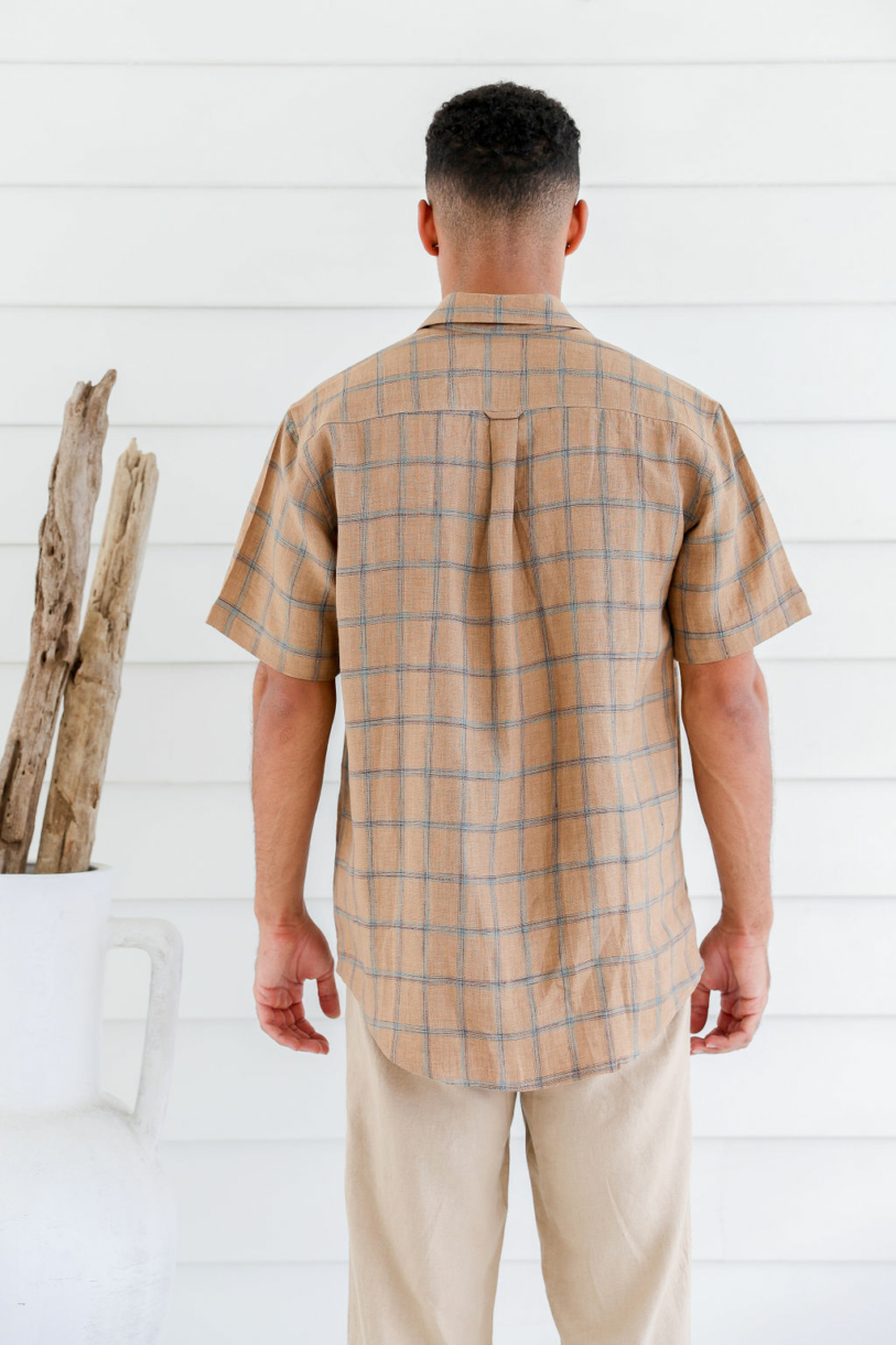 Men's Pure Hemp Plaid Short Sleeve Shirt-Toffee