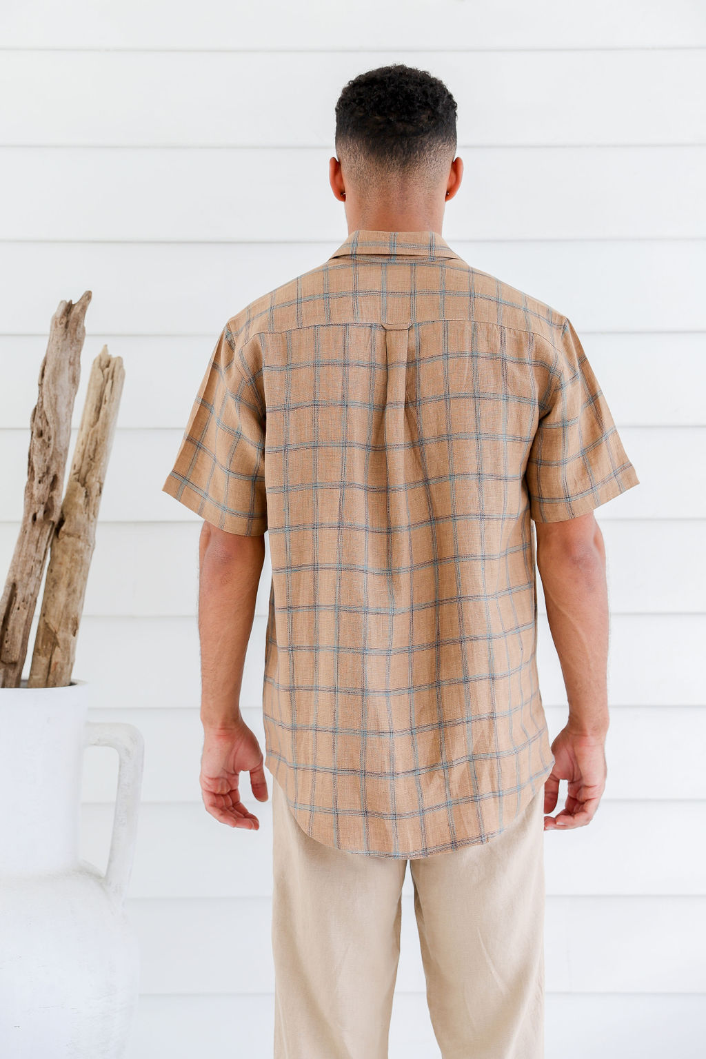 MST2222 TOFFEE B Men's Pure Hemp Plaid Short Sleeve Shirt-Toffee