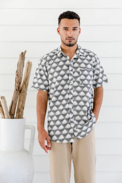 Men's Hemp Cotton Short Sleeve Print Shirt-Black Print