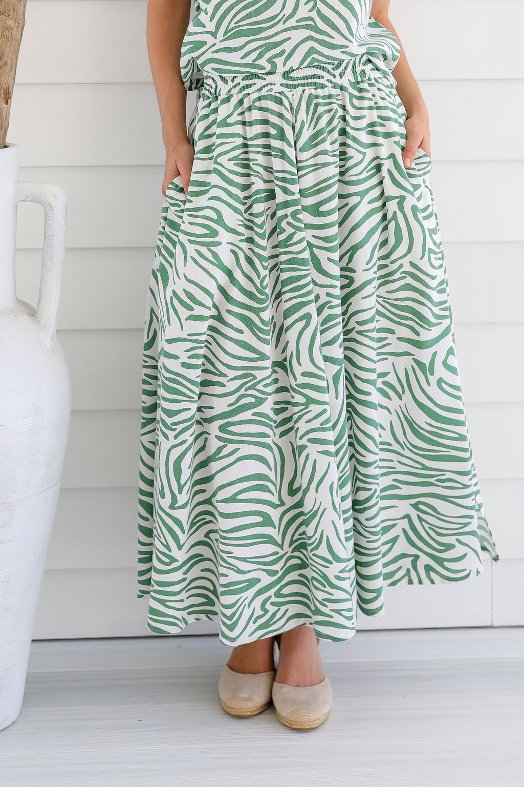 LSB2281 2 Ladies' Hemp Rayon Split Skirt-Green Print