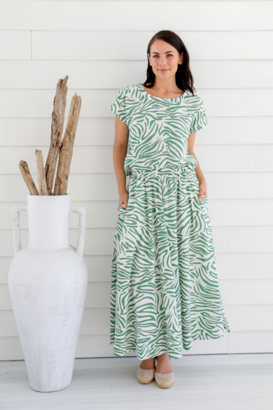 Ladies' Hemp Rayon Split Skirt-Green Print