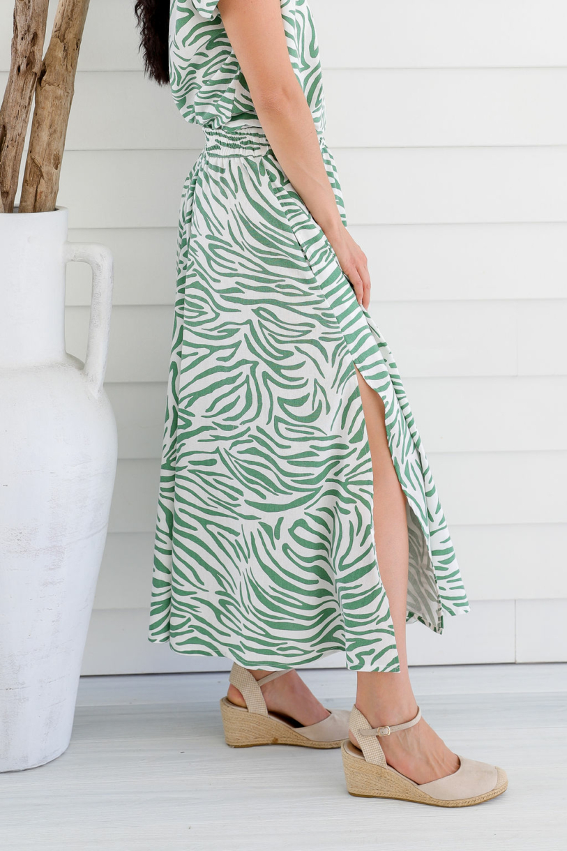 Ladies' Hemp Rayon Split Skirt-Green Print