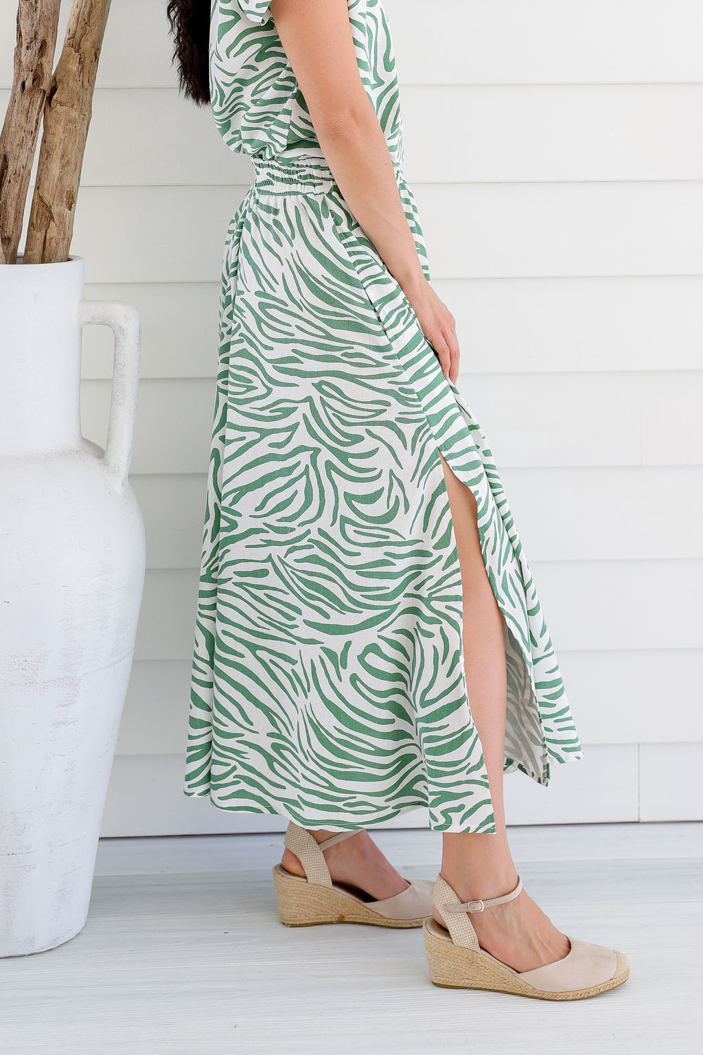LSB2281 GREEN 3 Ladies' Hemp Rayon Split Skirt-Green Print