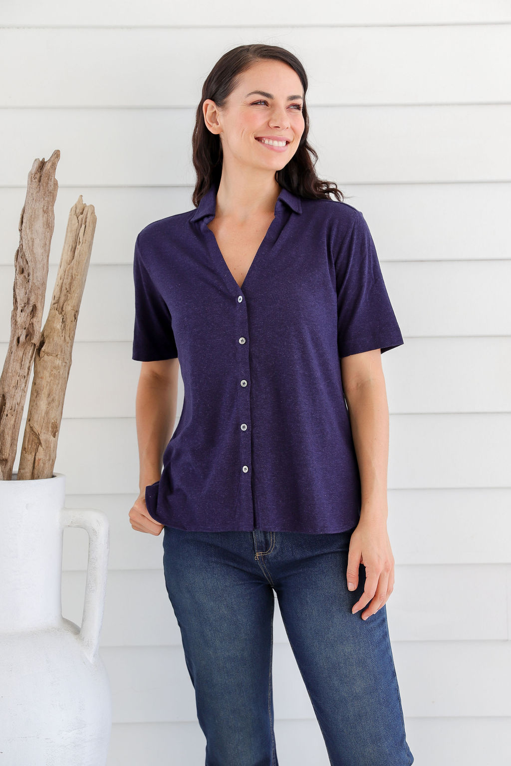 LST2264 NAVY 1 Ladies' Bamboo Jersey Short Sleeve Shirt-Sudan Brown