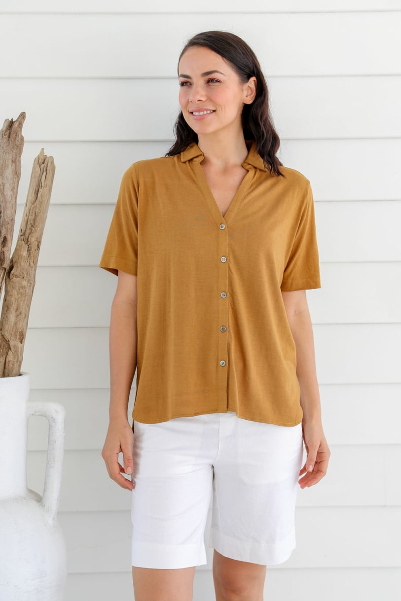 Ladies' Bamboo Jersey Short Sleeve Shirt-Sudan Brown