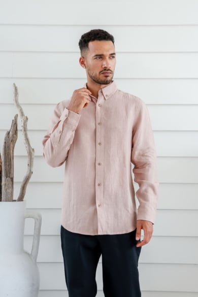 Men's 100%Hemp Slim Fit Long Sleeve Shirt-Pink Sand