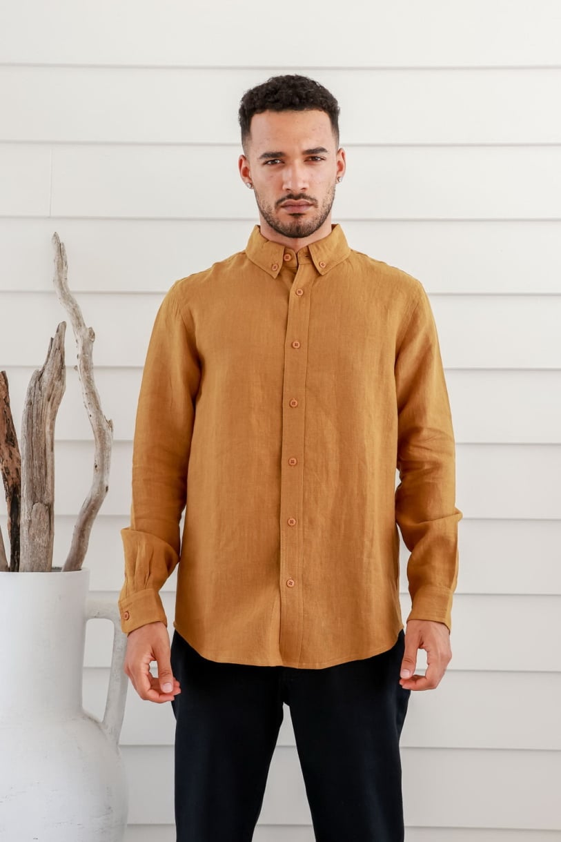 Men's 100%Hemp Slim Fit Long Sleeve Shirt-Tabacco