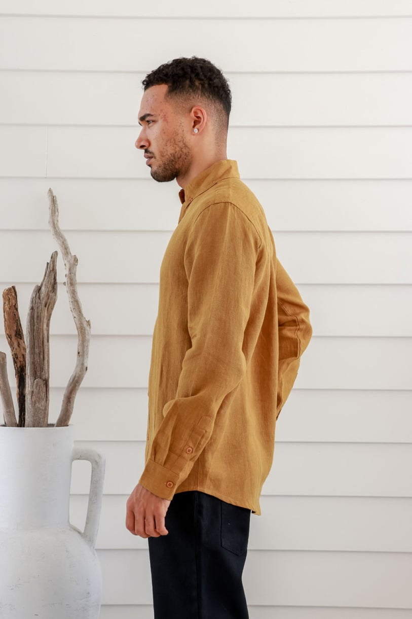 Men's 100%Hemp Slim Fit Long Sleeve Shirt-Tabacco