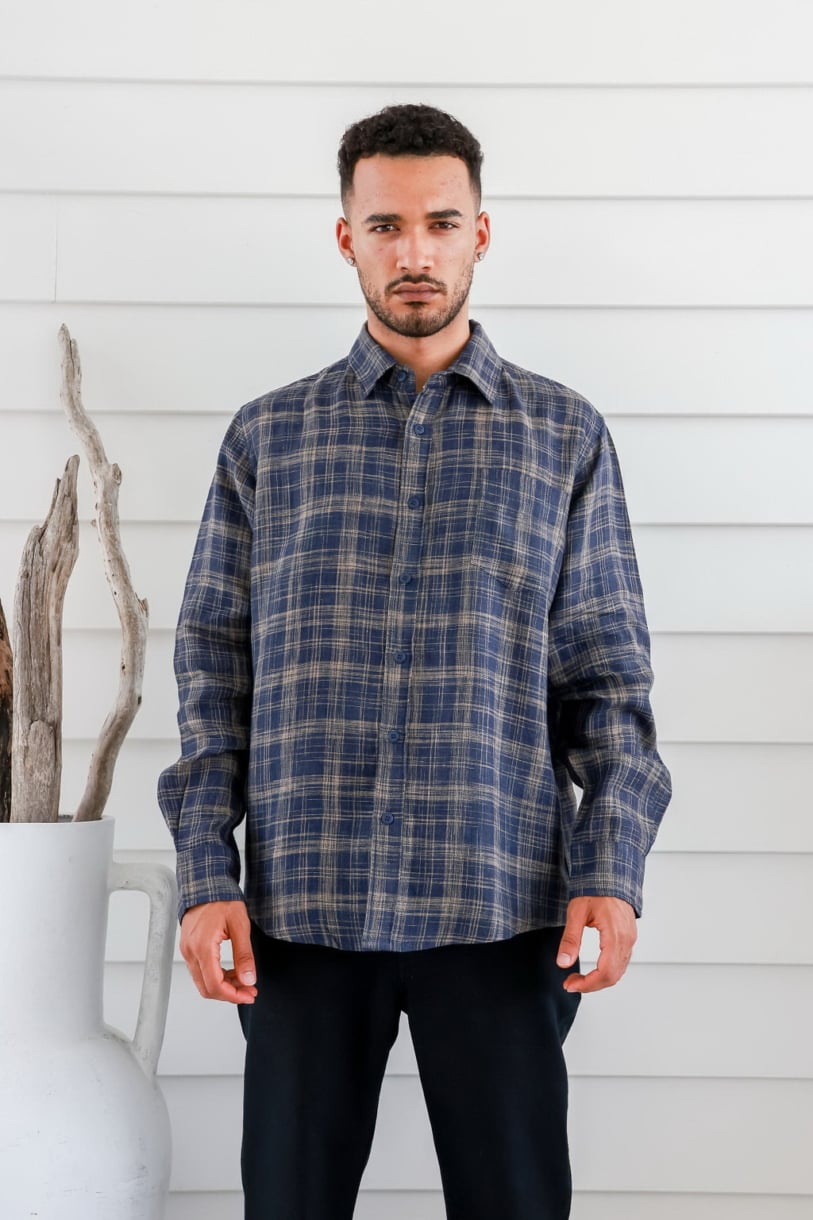 Men's 100%Hemp Check Long Sleeve Shirt-Blue