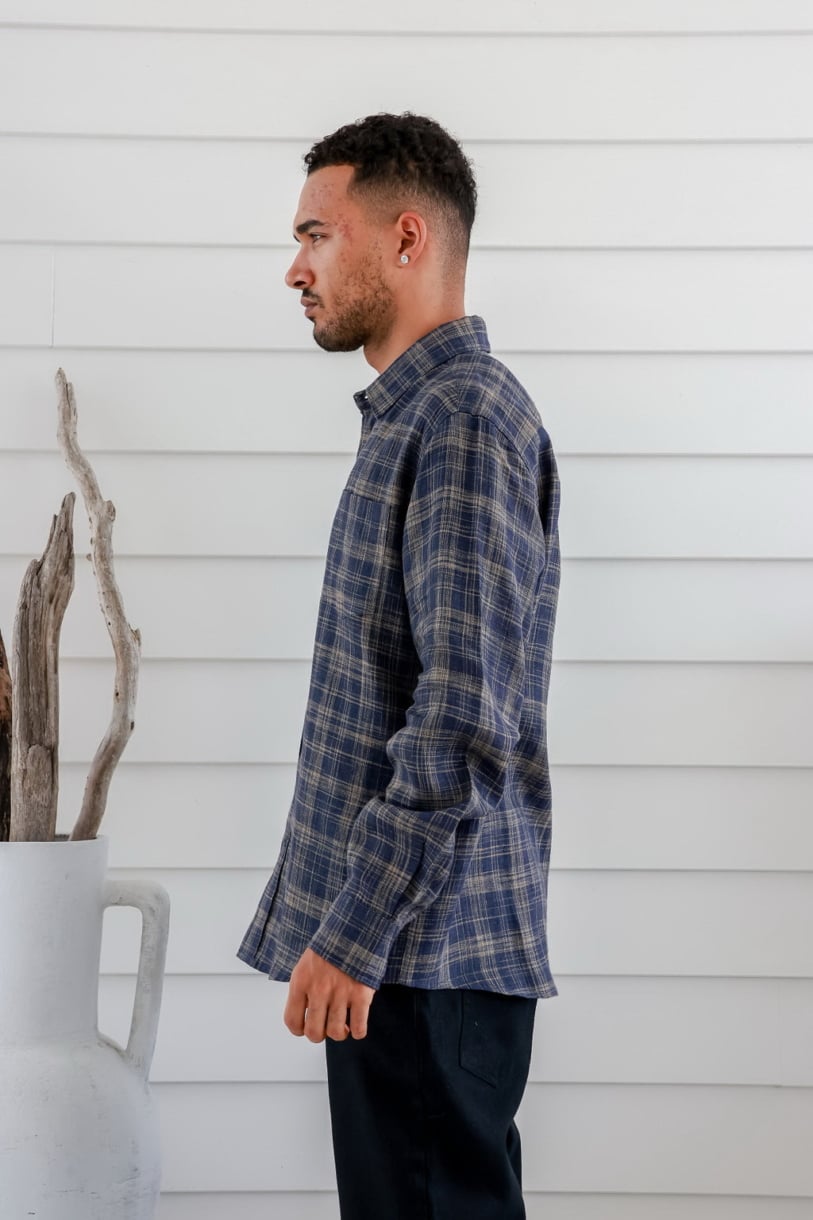 Men's 100%Hemp Check Long Sleeve Shirt-Blue