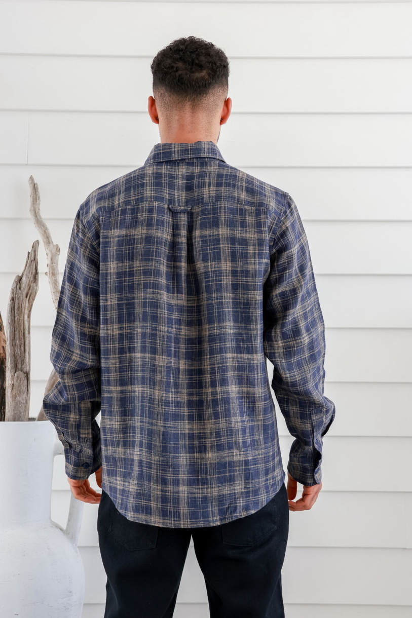 Men's 100%Hemp Check Long Sleeve Shirt-Blue