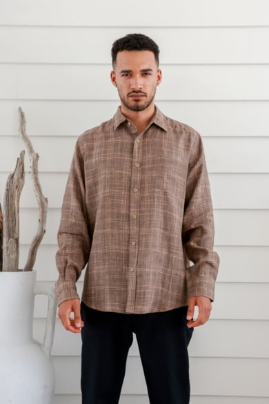 Men's 100%Hemp Check Long Sleeve Shirt-Brown