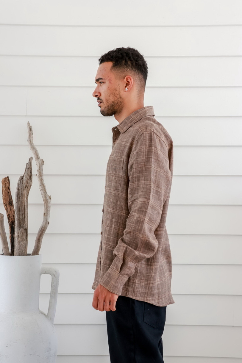 Men's 100%Hemp Check Long Sleeve Shirt-Brown