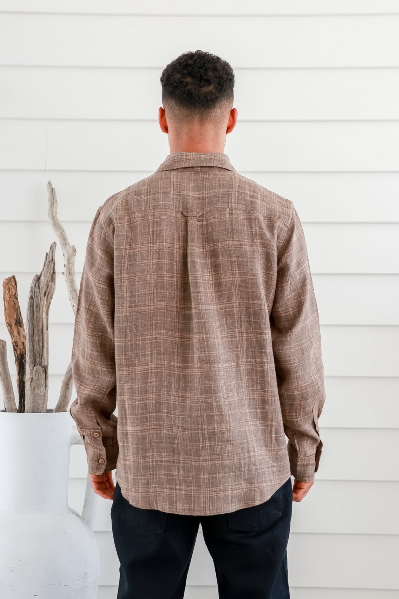 Men's 100%Hemp Check Long Sleeve Shirt-Brown