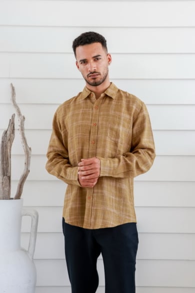 Men's 100%Hemp Check Long Sleeve Shirt-Warm Olive