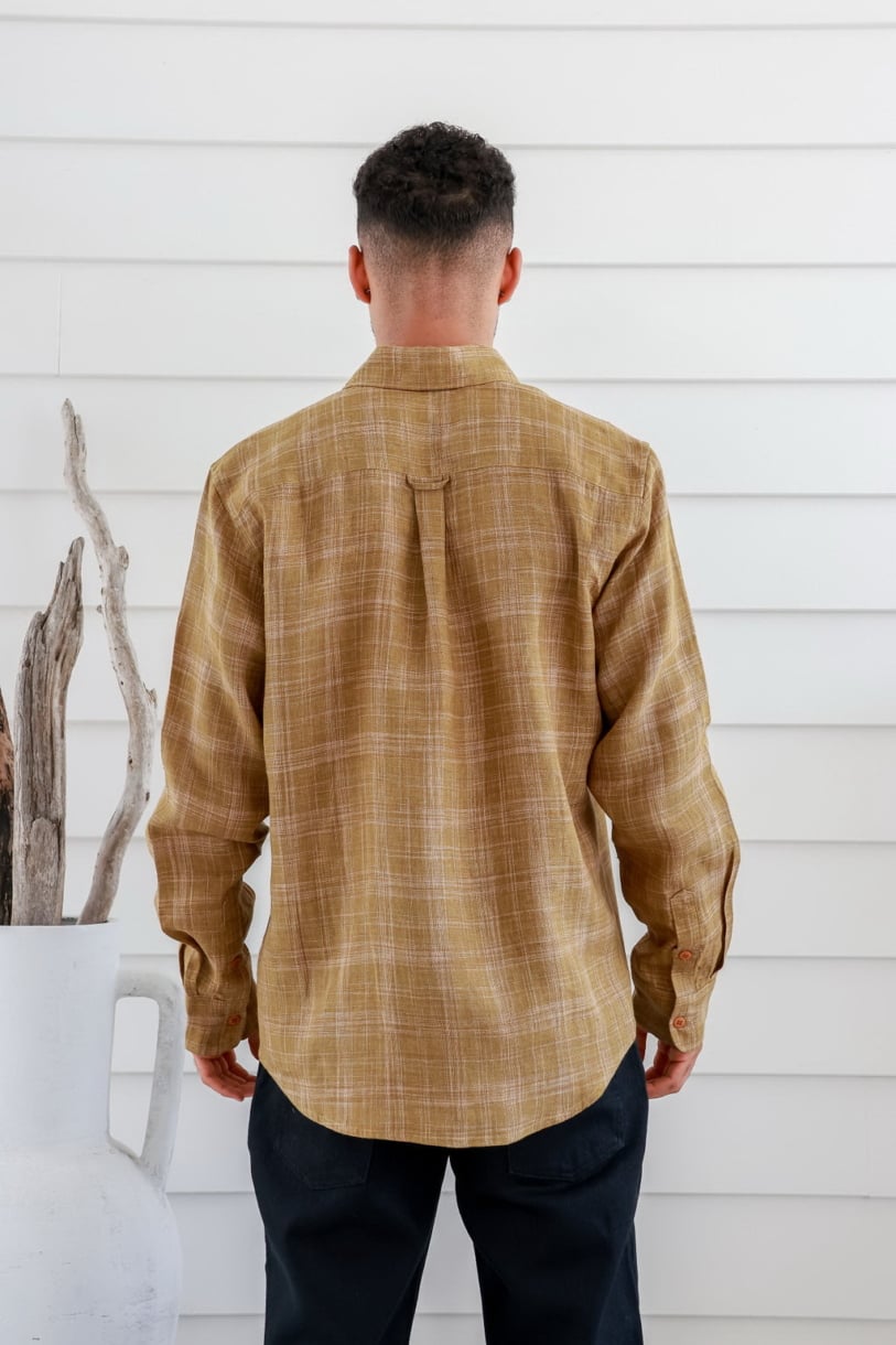 Men's 100%Hemp Check Long Sleeve Shirt-Warm Olive