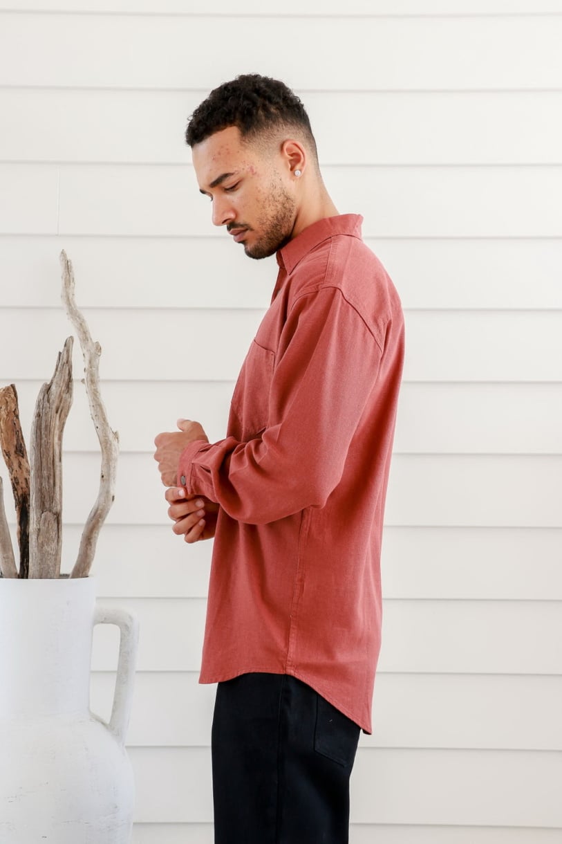 Mens Hemp Rayon Relax Fit Long Sleeve Shirt-Rust