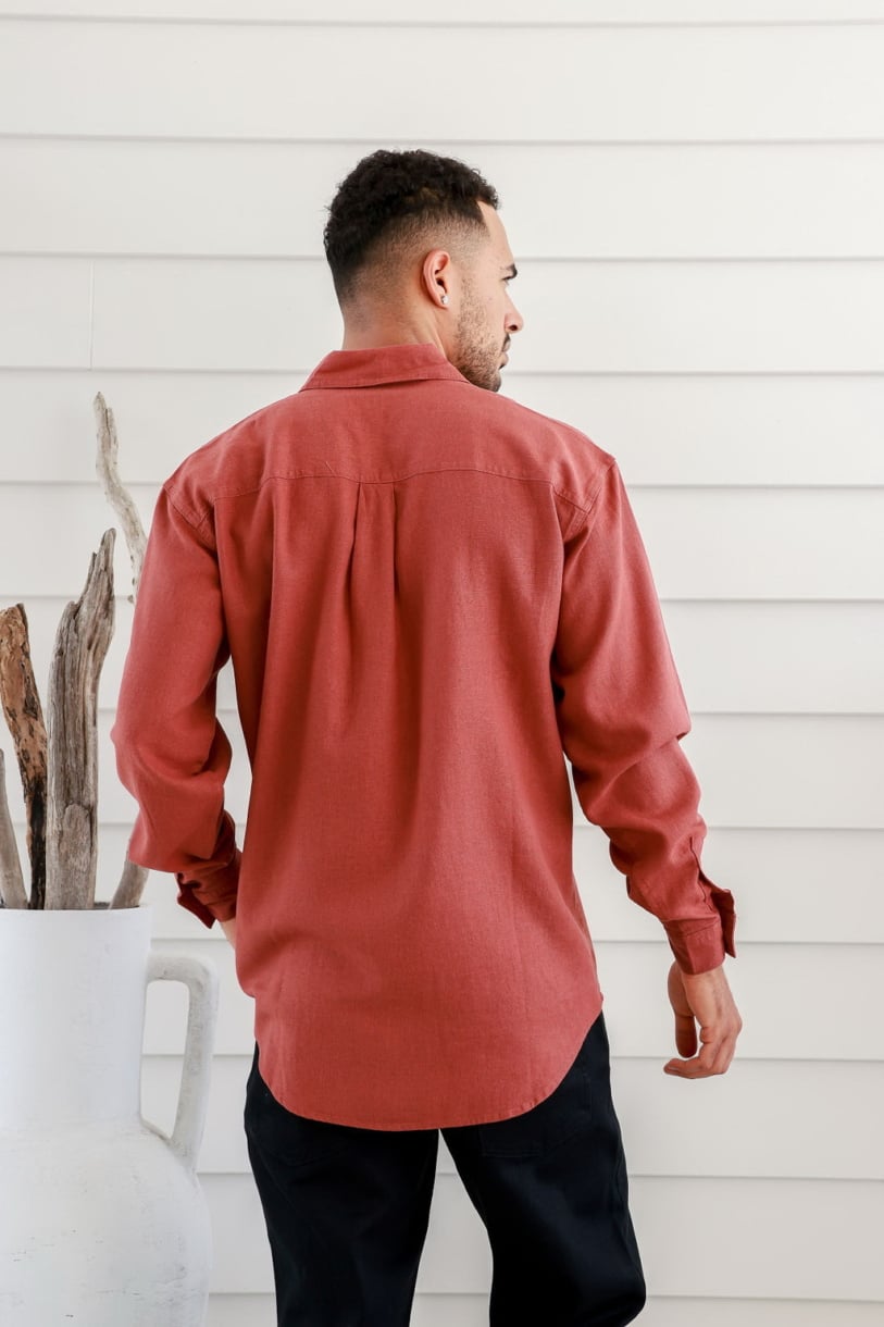 Mens Hemp Rayon Relax Fit Long Sleeve Shirt-Rust