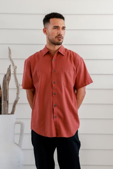 Mens Hemp Rayon Relax Fit Long Sleeve Shirt-Rust