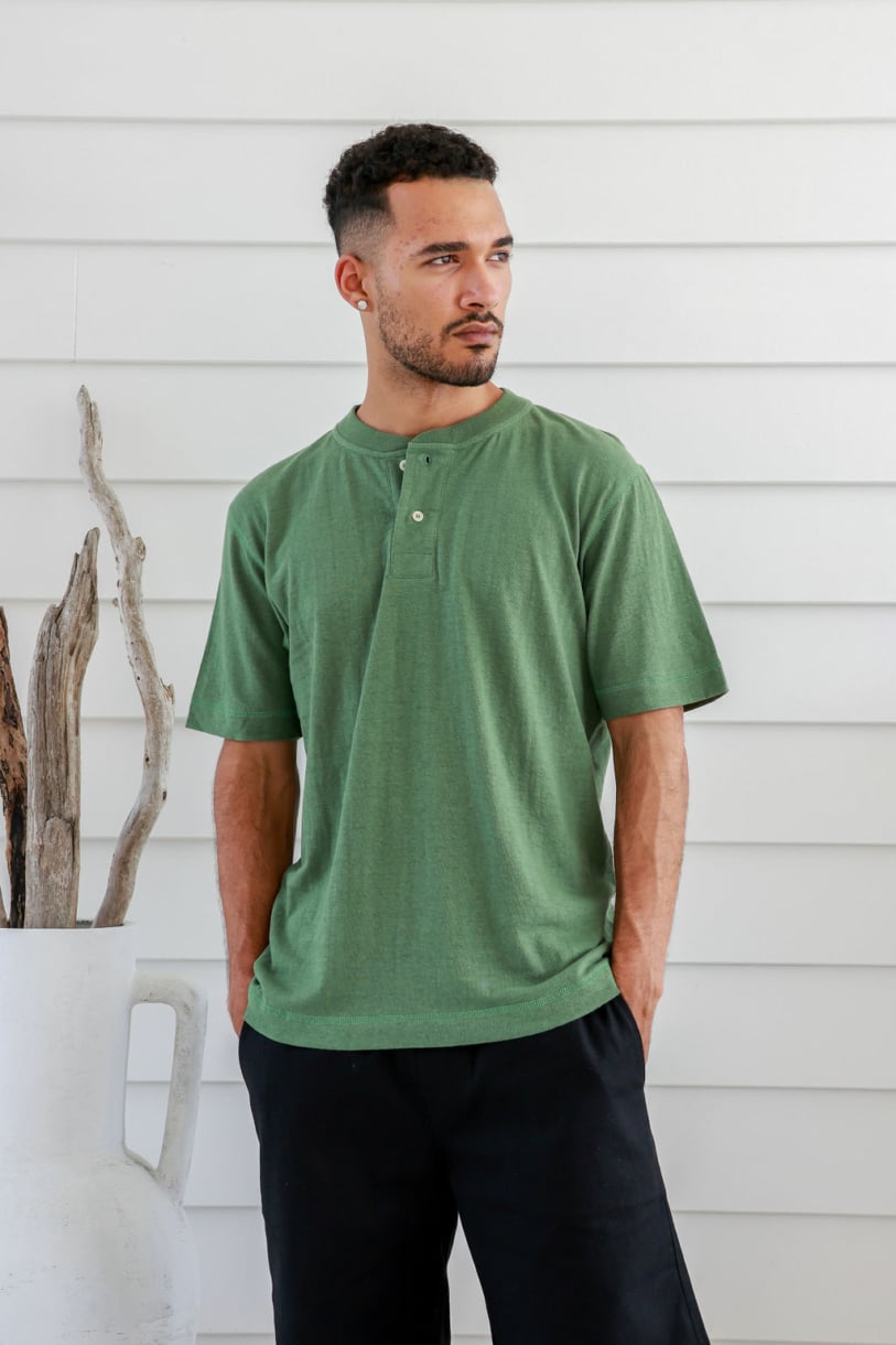 Men's Hemp Cotton Button Tee-Natural