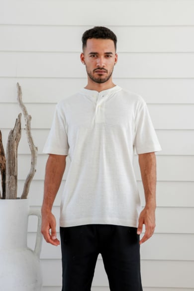 Men's Hemp Cotton Button Tee-Natural